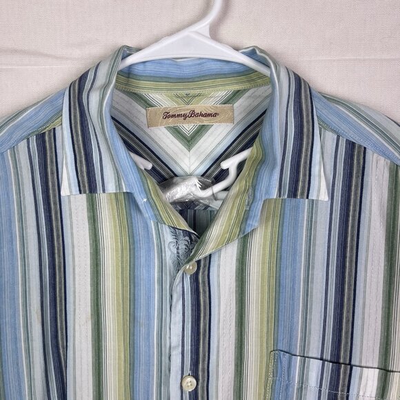 Tommy Bahama Men’s Large Green Blue Striped‎ Button Up Long Sleeve 100% Tencil - Picture 2 of 10